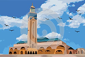 Hassan II Mosque in Morocco. Flat cartoon style historic sight showplace attraction web site vector illustration. World countries photo