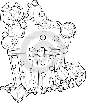 Cartoon cupcakes with cookies, macaroons and sprinkles sketch temlpate.