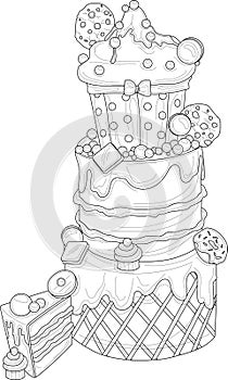 Cartoon decorated cake with cookies, macaroons, cupcakes and donuts sketh template. photo