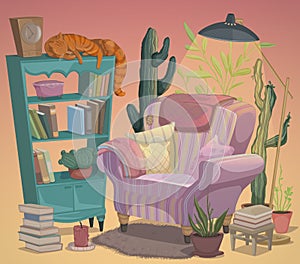 Cozy living room furniture. Armchair with  pillows and blanket, cat character lying on bookcase, lamp, plants, cacti and books. In