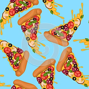 Realistic colorful pizza slice with tomato, mushrooms and olives seamless pattern template