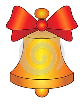 Golden Bell with a red bow - vector full color picture for coloring. Christmas or New Year element or school bell. Signal, notific