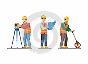 Construction worker icon set architect and enginering surveying and holding blueprint pose activity symbol concept in cartoon illu photo