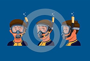 Man wear snorkle mask for scuba diving snorkeling activity symbol set concept in cartoon illustration vector