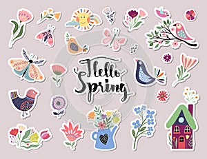 Hello spring stickers collection with different seasonal elements