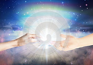 Magical divine love healing energy from hands universe background