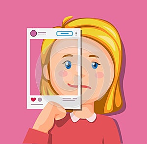 Girl different emotion on social media. mental illnes and cyberbullying awareness illustration concept in cartoon vector