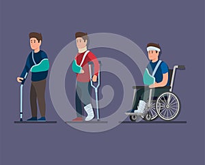 Injury man wear gips crutches and sit in wheelchair symbol set in cartoon illustration vector photo