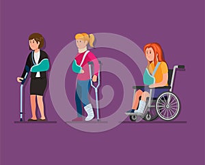 Injury girl collection set in wear gips  crutches and sit in wheelchair concept in cartoon illustration vector photo