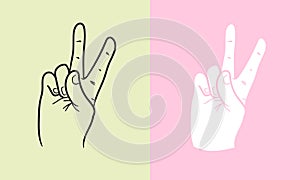Two hand gesture symbol. Line art drawing people hand. Vector eps 10. Peace sign