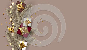 Greeting card.Christmas card. New Year Background with gift boxes and gold confetti