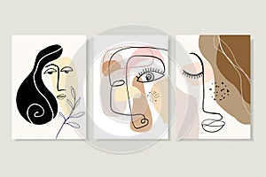 Abstract minimalist backgrounds, posters wall art set with different human portrait.