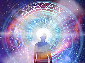 Man universe, meditation, healing, human body energy beams photo