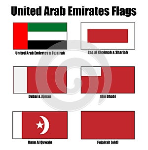 United Arab Emirates Emirate Flag Icon Set of Dubai, Abu Dhabi, Umm Al Quwain, Fujairah, Ras al Khaimah and Ajman. photo