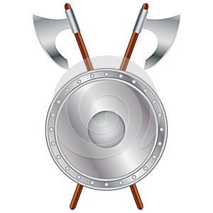 Shield and crossed medieval battle axe, 3d vector illustration