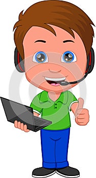 Cartoon boy holding laptop and thumbs up
