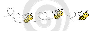 Progettazione della pittura Contento api impostato composto da icone. ape volare sul punteggiato itinerario 