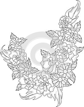 Realistic mix flowers bouquet with roses, peony and gerbera daisy sketch. Vector illustration in black and white