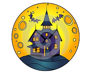 Halloween manor on a full moon background - vector linear color illustration for Halloween. Mansion with ghosts and bats - multico