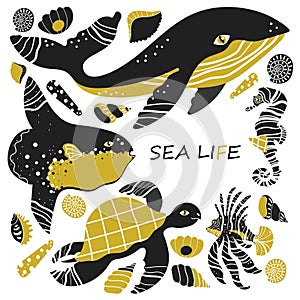 Sea life set with different animals.