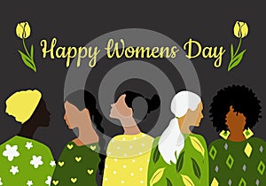 Congratulatory spring card Happy Women`s Day. Postcard template in green, yellow and gray colors with women of different nationali photo