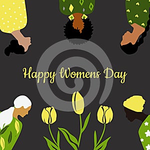 Congratulatory spring card Happy Women`s Day. Postcard template in green, yellow and gray colors with women of different nationali photo