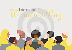 Postcard with International Women`s Day. Postcard template in trendy yellow and gray colors 2021 with women of different nationali photo