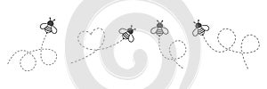 Cartoon bee icon set. Bee flying on a dotted route isolated on the white background.