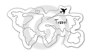 Continent icon with airplane, mainland map design, airplane flying in the white sky leaving a trail, vector illustration photo