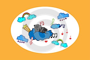 Music illustration with speaker, rainbow, notes, clouds and hearts. hand drawn vector. colorful card for kids. doodle art for wall
