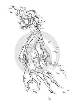 Ghost girl with curly hair levitates in the air. The concept of lightness and airiness. photo