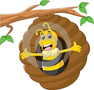 Cute cartoon bee waving in the beehive