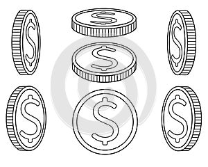 Coins. A set of coins from different angles. Abstract or game money drawn from different sides - vector linear picture for colorin photo