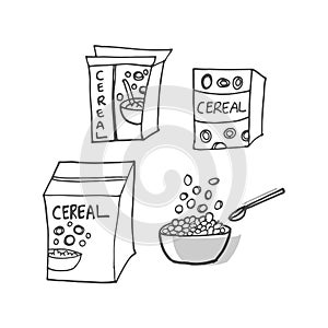 Set of cereal boxes with bowl and spoon illustration isolated on white background. healthy breakfast icon. hand drawn vector. dood
