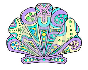 Scallop shell - vector linear full color zentangle illustration - with sea animal mollusk living in the ocean. Template for staine