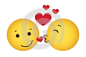 Kiss emoticons. A love pair of yellow emoticons with red hearts