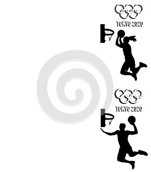 Silhouettes of basketball players with the Olympic emblem on a white background. Background for the site. Isolated objects.