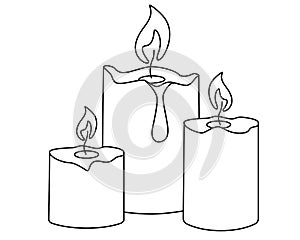 Romantic Candles. Three burning candles - vector linear picture for coloring book or logo. Outline.
