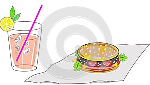 Burger and lemon tea ice in illustration