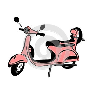 pink retro scooter passenger scooterbike, retro moped with yellow color, traffic, delivery