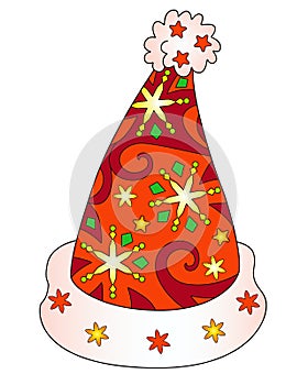 Santa Claus Hat Decorated with Patterns - vector Christmas full color zentangle illustration - with snowflakes and stars. New Year