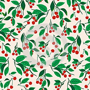 Vector red cherry tree leaf illustration seamless repeat pattern