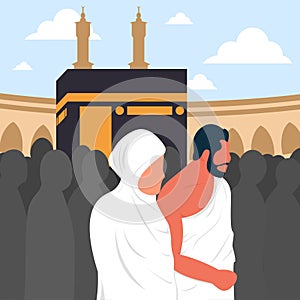 Vector of a muslim husband and wife doing tawaf around the kaaba photo