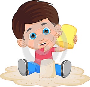 Happy little boy playing sand cartoon