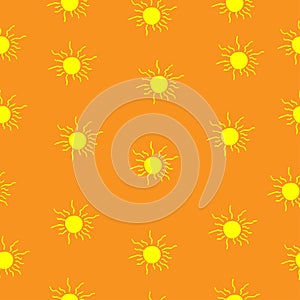 Sunburst illustration on orange background. seamless pattern. hand drawn vector. yellow sun icon. sunlight, sunbeam. doodle art fo