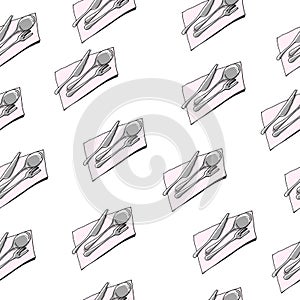 Cutlery illustration on white background. spoon, fork, knife with pink napkin. silverware icon. seamless pattern, hand drawn vecto