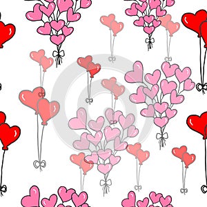 Heart balloons illustration on white background. red and pink color. shiny balloons. seamless pattern. hand drawn vector. romantic