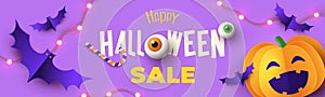 Halloween Sale Promotion banner or flyer with cutest pumpkins and bats on lilac violet background photo