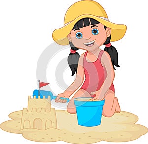 Cartoon little girl playing sand