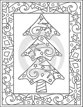 Christmas tree with zentangles - Winter antistress vertical coloring with a frame with snowflakes and stars - vector linear pictur